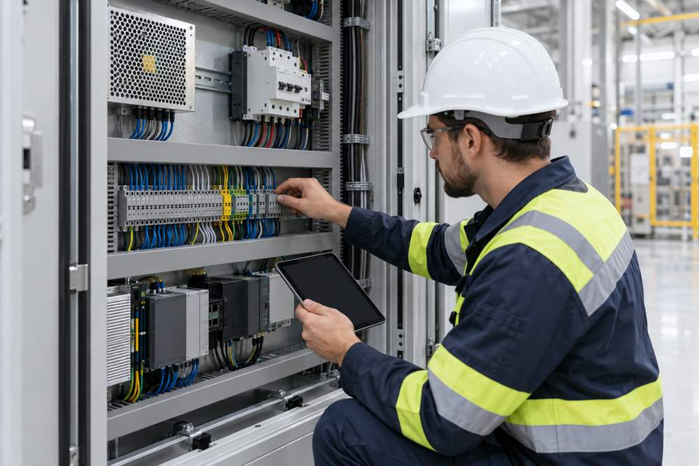 Engineer inspecting a low-voltage control cable circuit in a cabinet