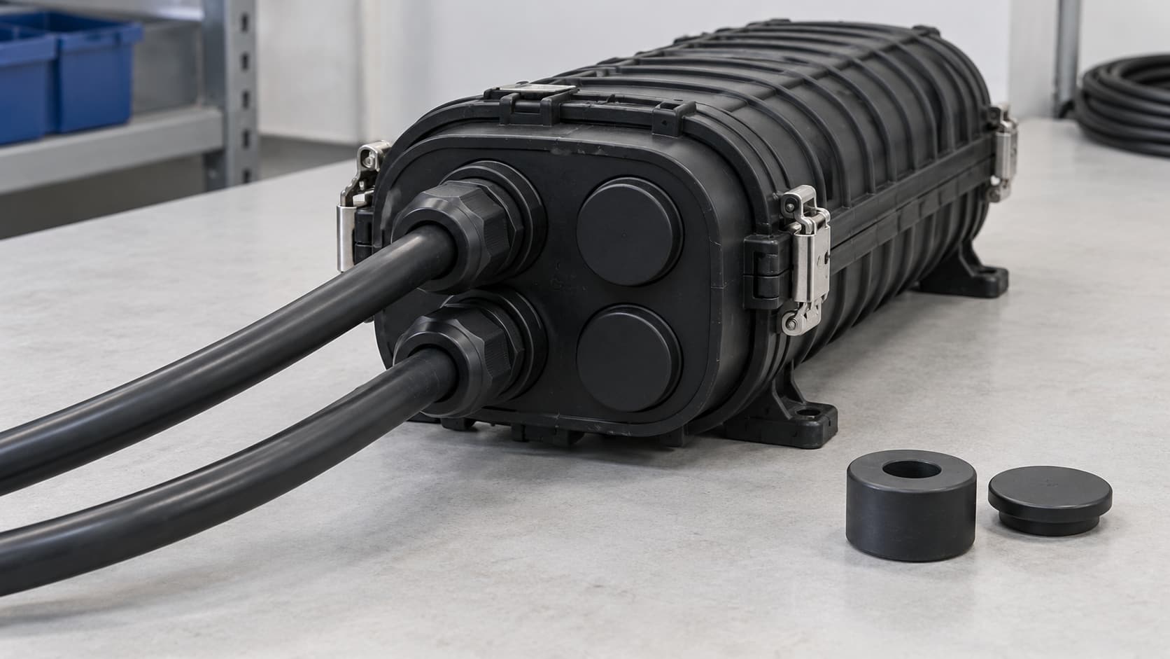 Cable entries and blanking components on an illustrative fiber splice closure