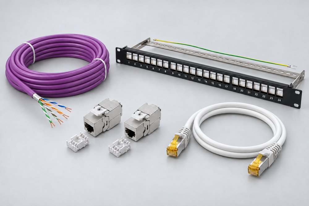 Cat6A shielded channel components including a four-pair F/UTP cable, shielded jacks, patch panel and S/FTP patch cord