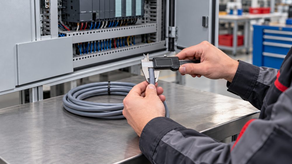 Engineer measuring the outside diameter of a PLC control cable