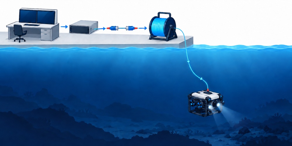 Underwater fiber communication path from control console to vehicle