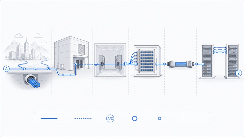 Dark fiber route-to-rack connectivity path in a data center