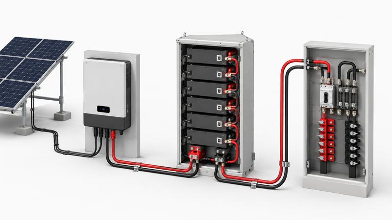 Battery cable route between battery bank inverter and DC cabinet in a hybrid solar system