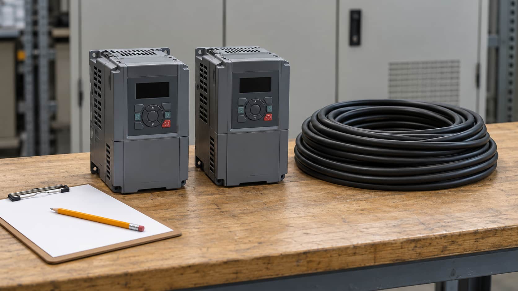 Industrial drives and coiled cable on a bench for replacement planning