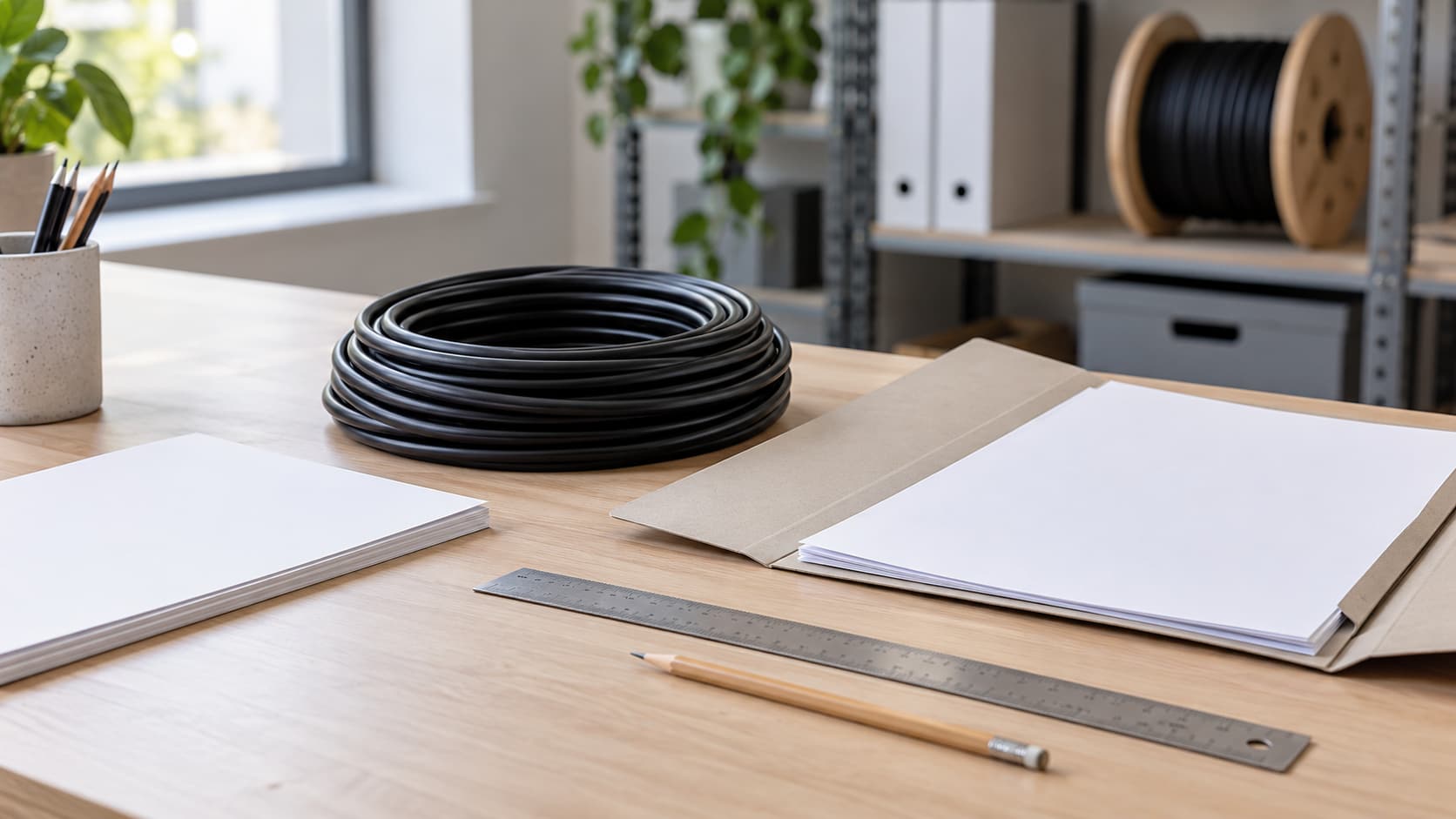 Coiled black cable beside an open folder for procurement document review