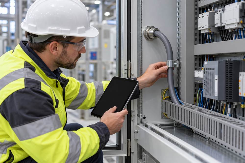 Engineer checking control cable bend at a cabinet entry