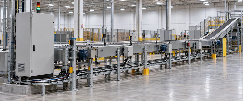 Conveyor system route zones with control panels, sensors, motors, and cable trays