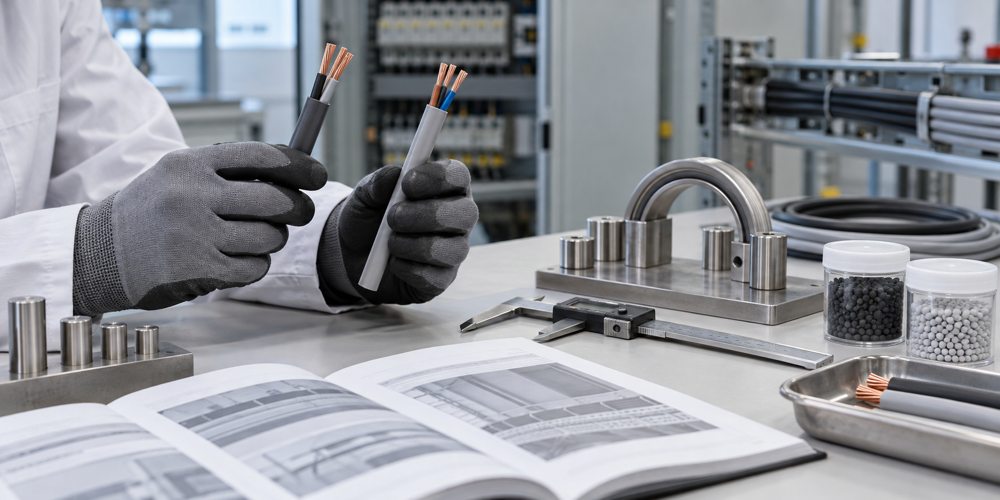 Engineer comparing control cable samples and mechanical installation requirements