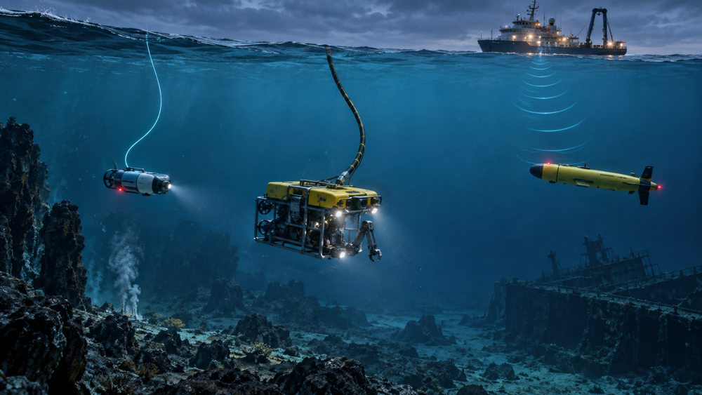 Underwater fiber tether, electro-optical umbilical, and acoustic communication systems