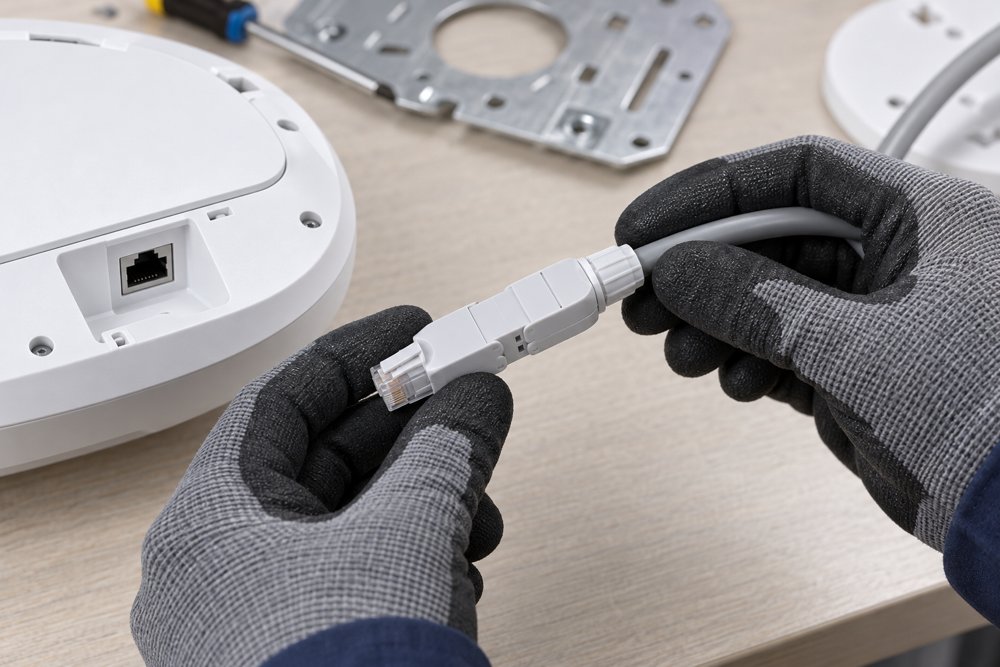 Technician inspecting a Cat6A UTP field plug termination before connecting a Wi-Fi access point