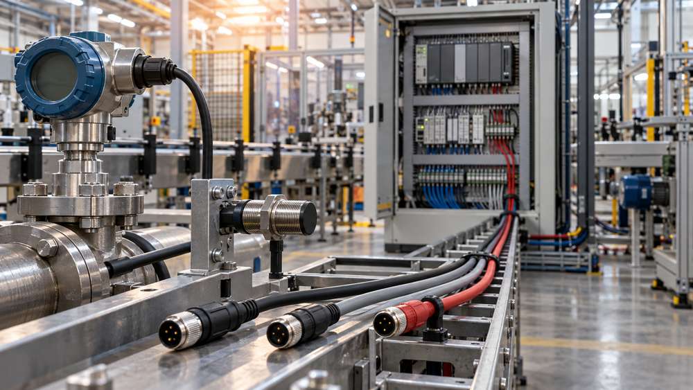 Industrial sensor signal cables, field sensors, and a PLC cabinet in a factory