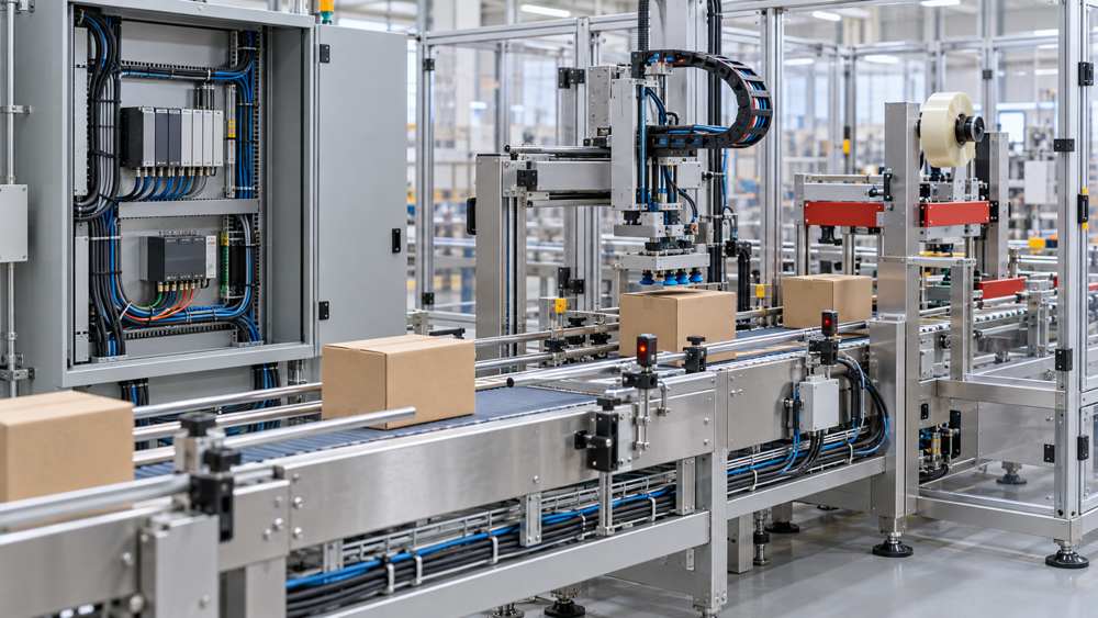 Packaging line with fixed, exposed, and moving control cable zones