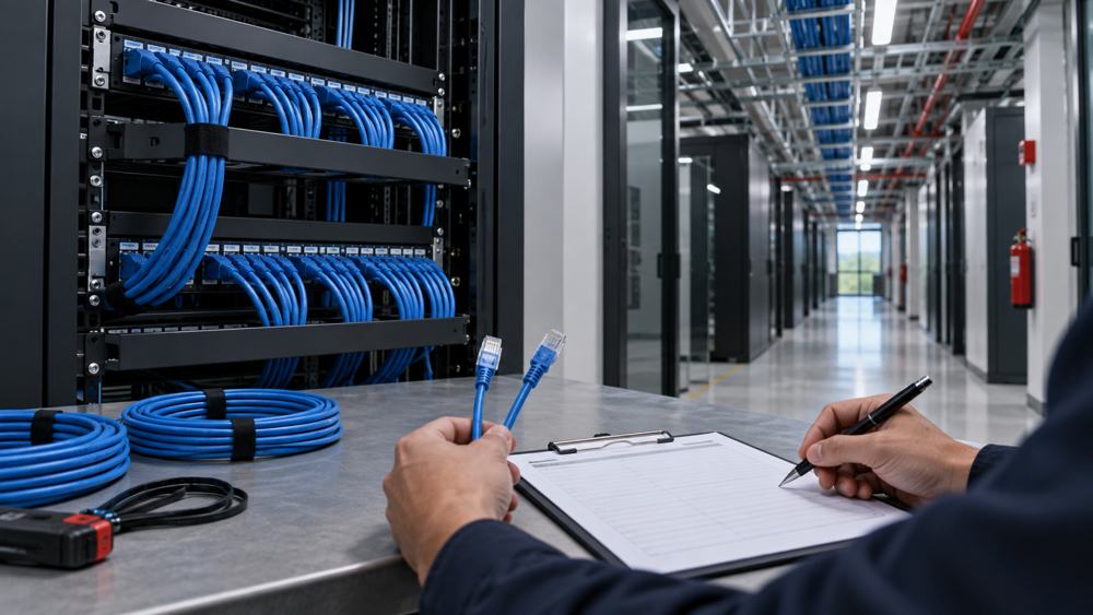 CAT6 and CAT6A cable samples reviewed beside a structured cabling rack