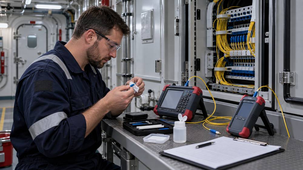 Engineer testing and documenting a shipboard fiber path