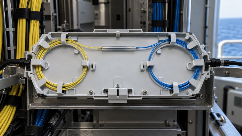 Mixed single-mode fiber fusion splice in a managed shipboard tray
