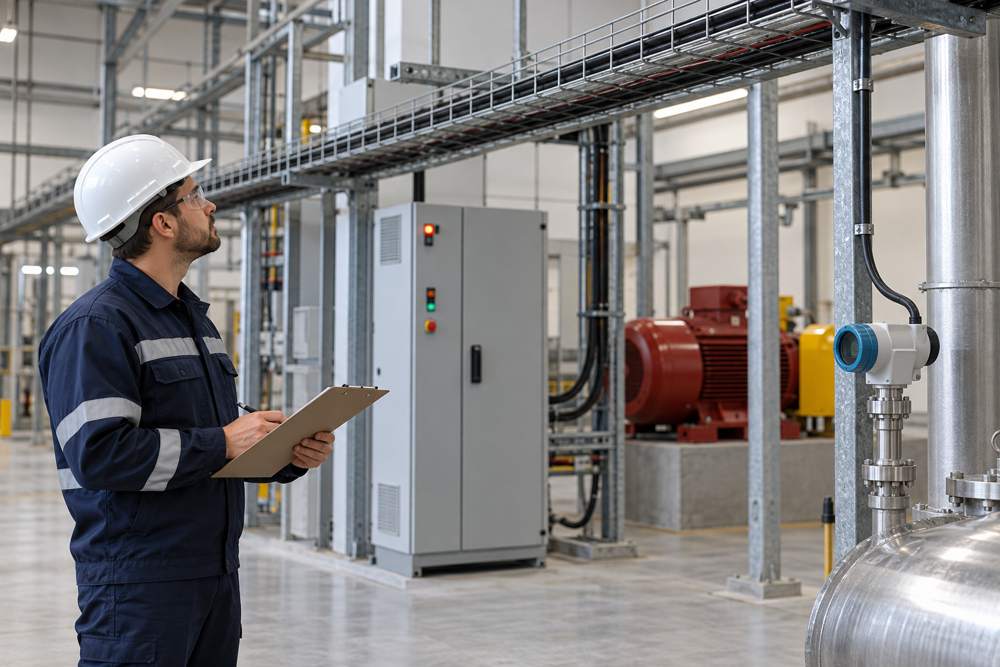 Engineer assessing a sensor cable route near control equipment and a motor