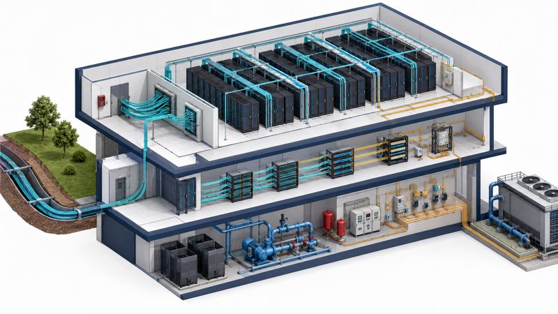 Three-layer AI data center cabling system from OSP fiber to BMS devices