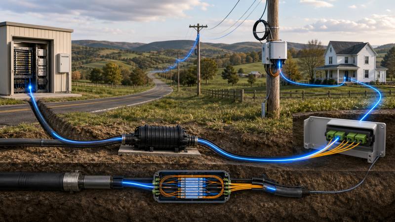 Rural fiber network path from central office to final farmhouse drop