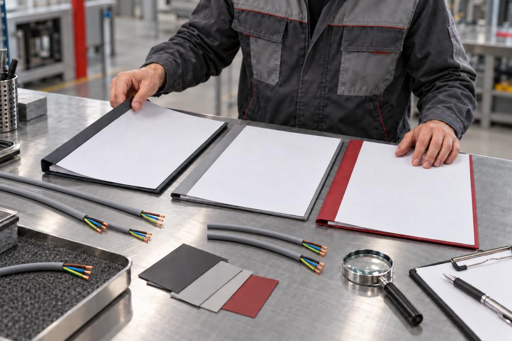 Engineer reviewing reports and slim gray four-core control cable samples for IEC fire-performance requirements