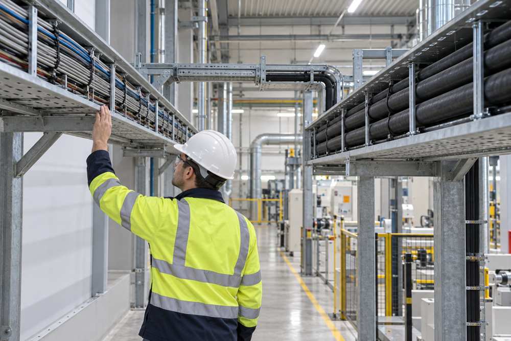 Engineer inspecting separated control and power cable tray routes
