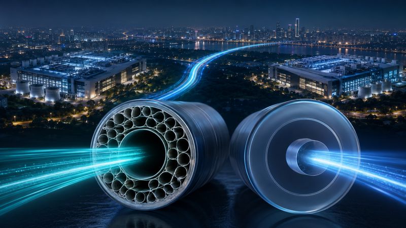 Hollow-core fiber and G.652.D cross sections connecting AI data centers