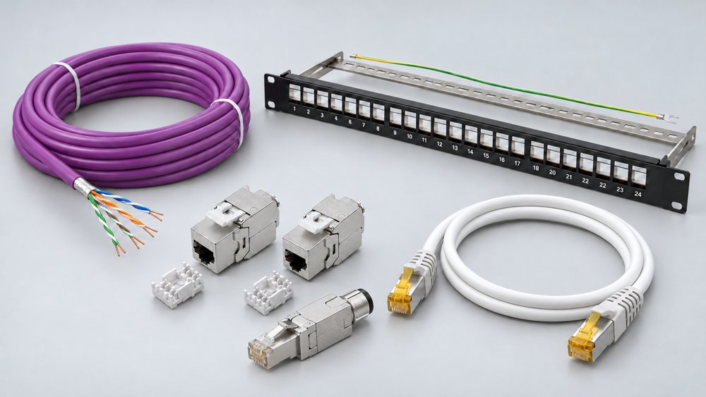 End-to-end Cat6A shielded MPTL architecture from rack switch and patch panel through F/UTP cable to an industrial device