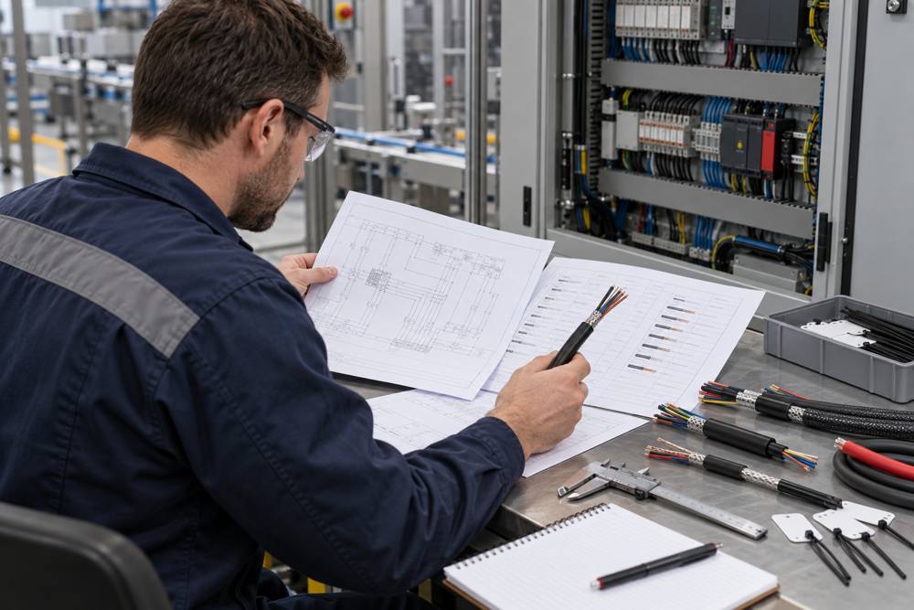 Engineer reviewing a packaging machine OEM cable schedule