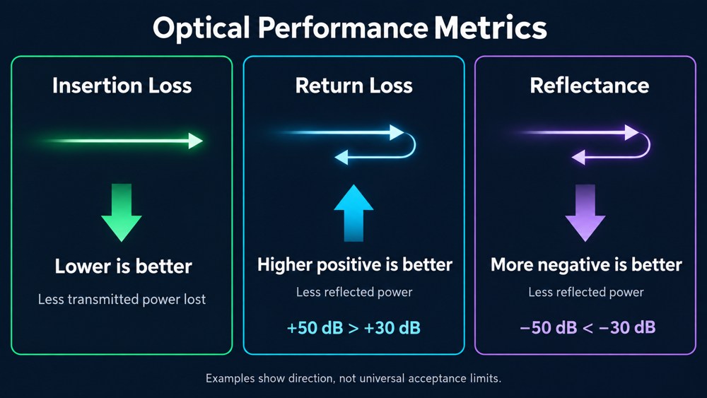 Insertion loss, return loss, and reflectance with preferred value directions