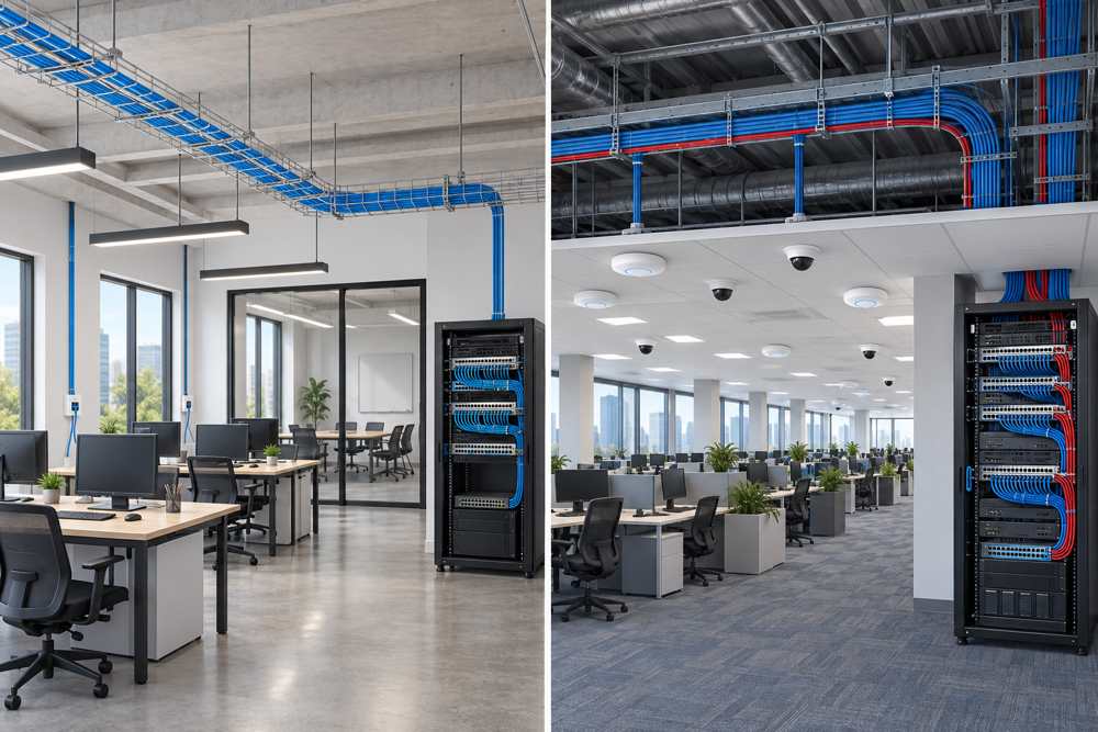 Accessible CAT6 office links compared with dense CAT6A high PoE cabling
