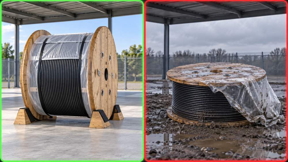 Correct and incorrect storage positions for loaded fiber cable drums