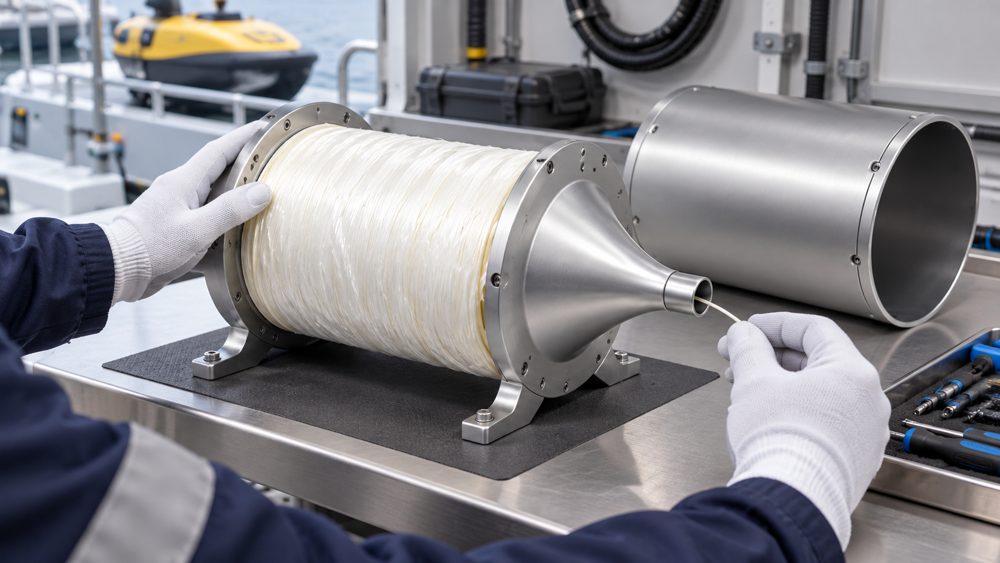 Engineer inspecting a compact fiber drum and protected payout guide
