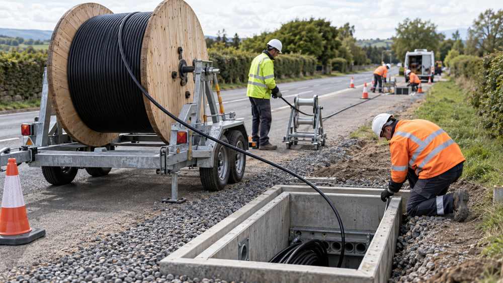 Fiber cable drum and staged duct installation worksite