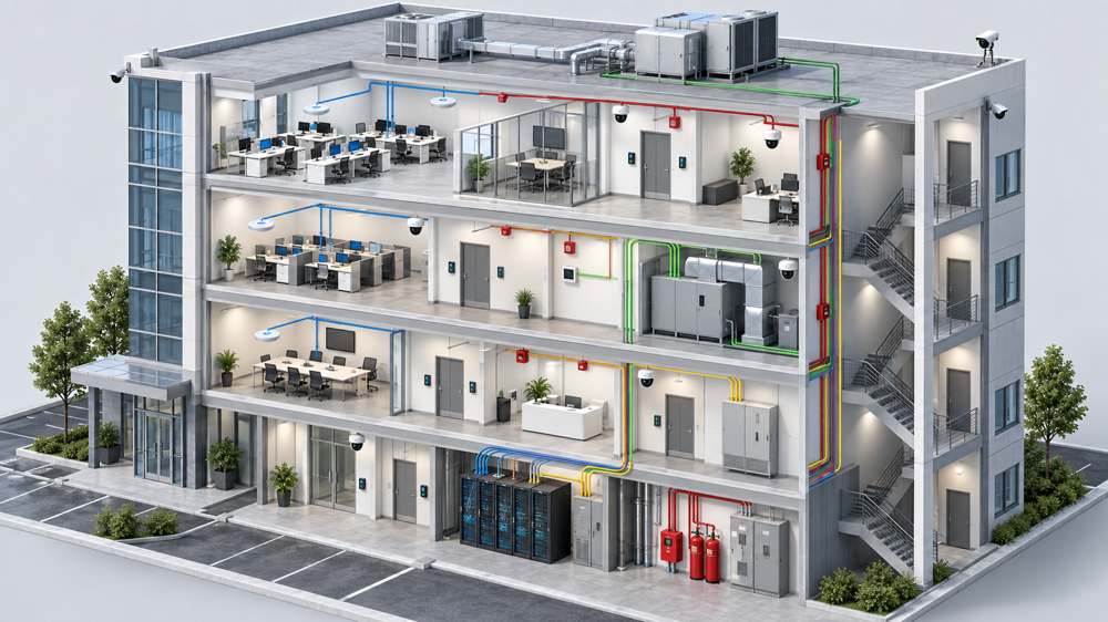 Isometric smart building with six connected low voltage systems