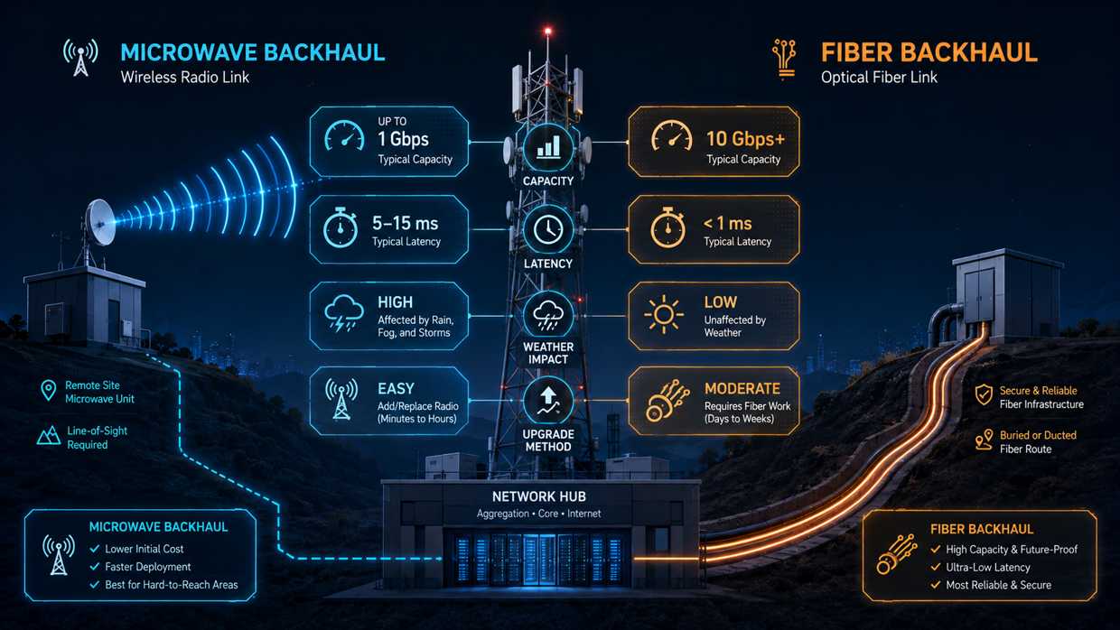 Telecom tower comparison of microwave and fiber backhaul routes