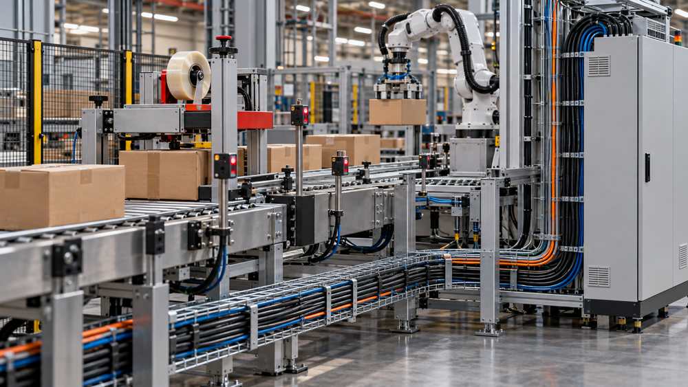 Automated packaging line with control cables, sensors, robotics, and a control cabinet