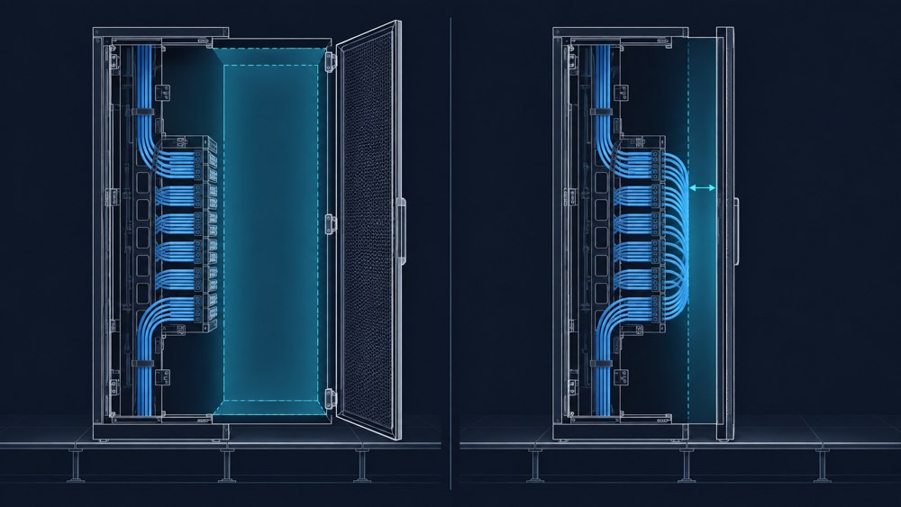 Conceptual cabinet views showing open service space and closed-door cable clearance