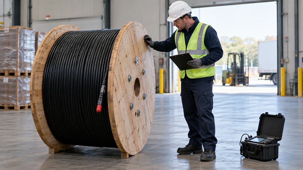 Technician inspecting a fiber cable drum at warehouse receiving