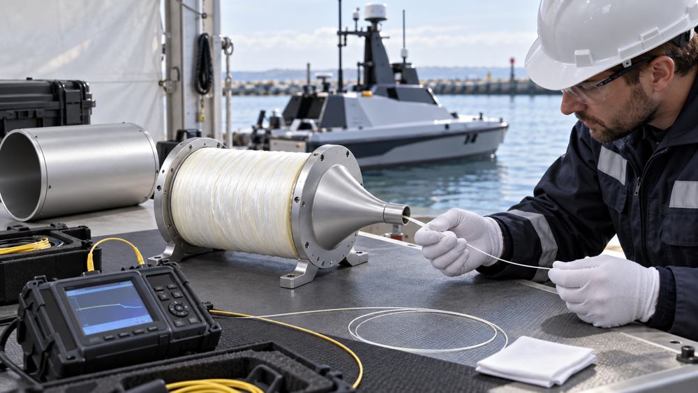 Marine engineer checking a fiber drum link with optical test equipment
