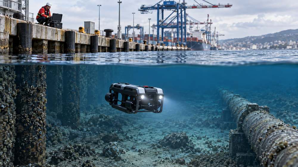 Self-powered underwater robot operating near ice and a shipwreck