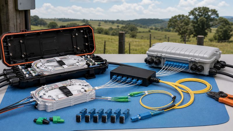 Fiber closure PLC splitter and terminal components for rural FTTH