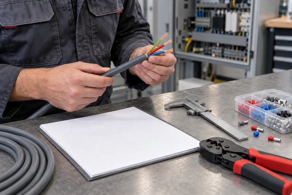 Engineer reviewing gray three-core flexible cable with datasheet and termination tools