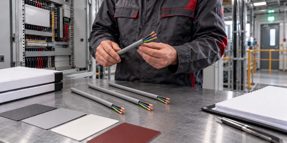 Engineer reviewing slim gray four-core control cable samples for fire-performance evidence