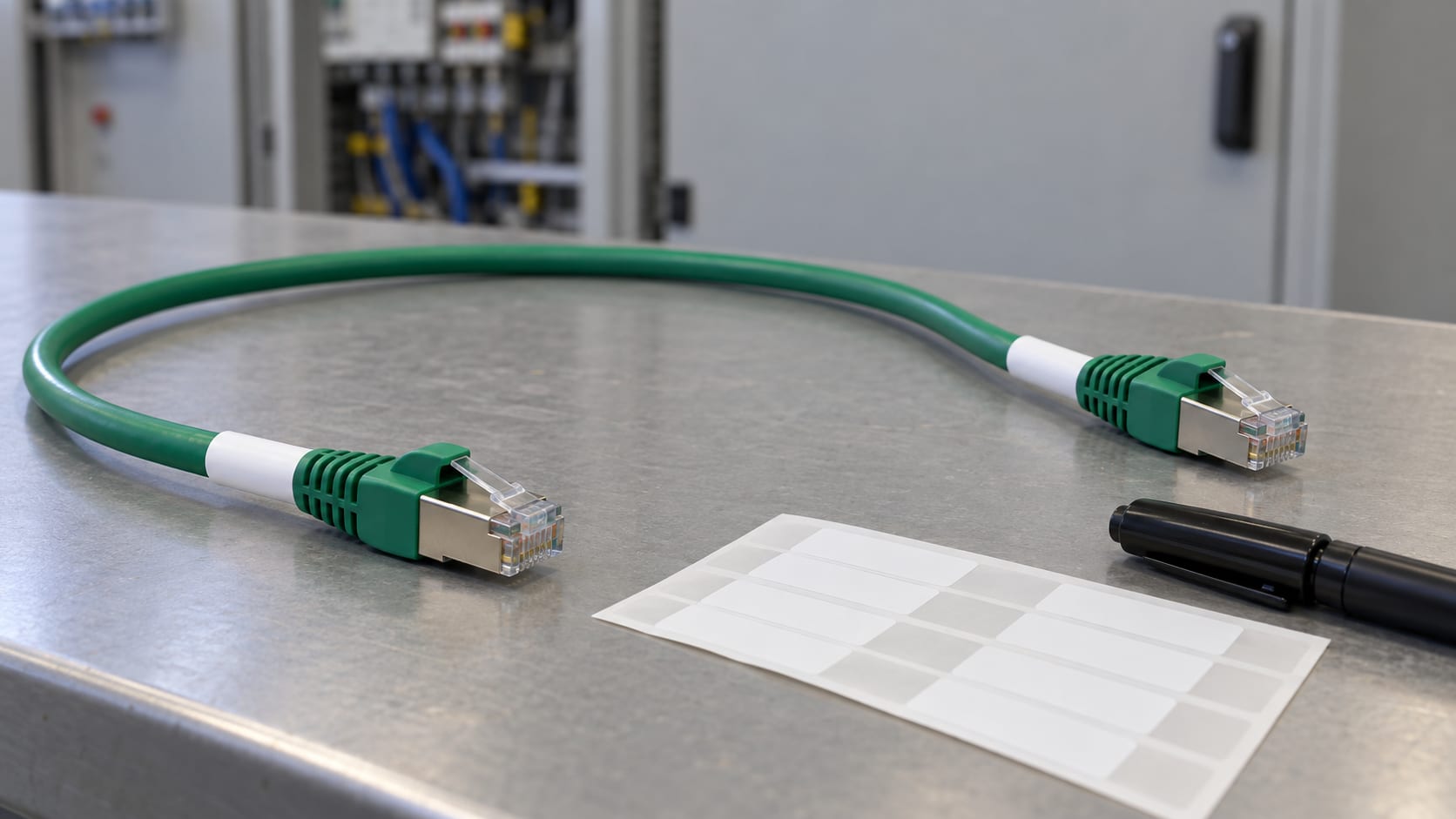 Green Ethernet patch cord with blank identification labels near both connector ends