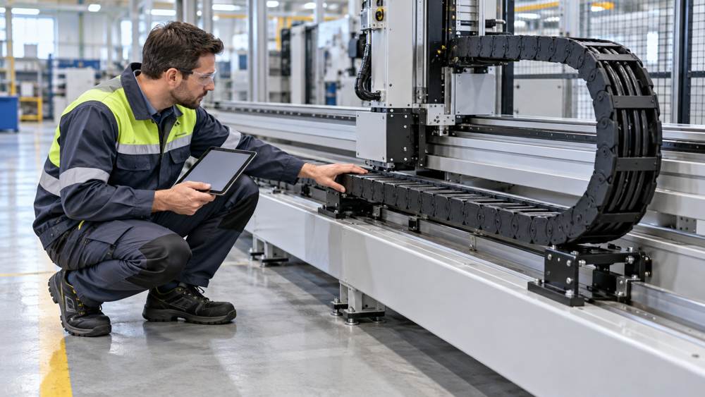 Engineer checking cable carrier travel and bend radius on automation equipment