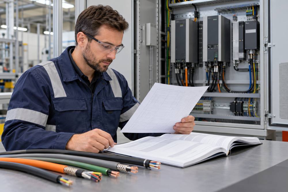 Engineer reviewing VFD control cable requirements beside an industrial cabinet