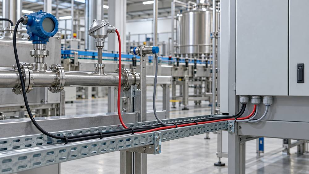 Industrial pressure, temperature, and proximity sensors connected to a control cabinet