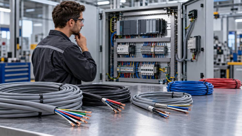 PLC control panel with flexible control cable samples and an engineer
