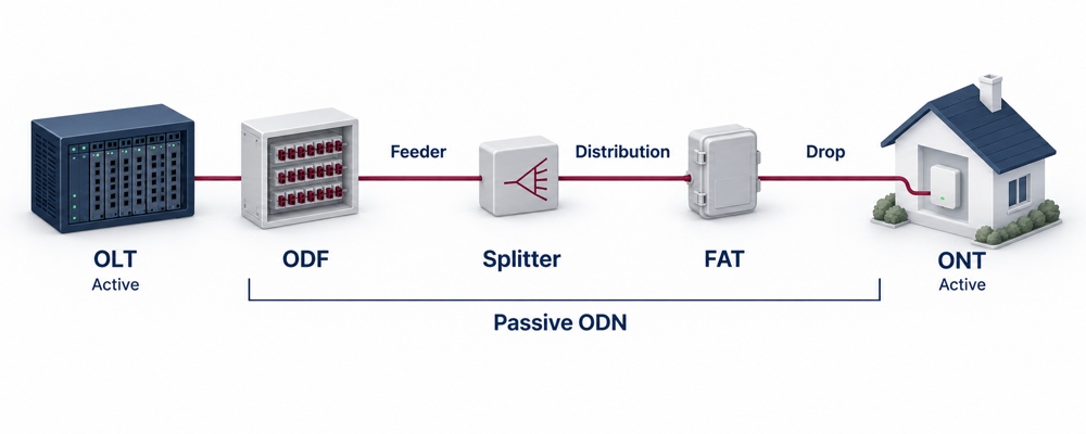 Simplified FTTH optical path through ODF, splitter and FAT between OLT and ONT