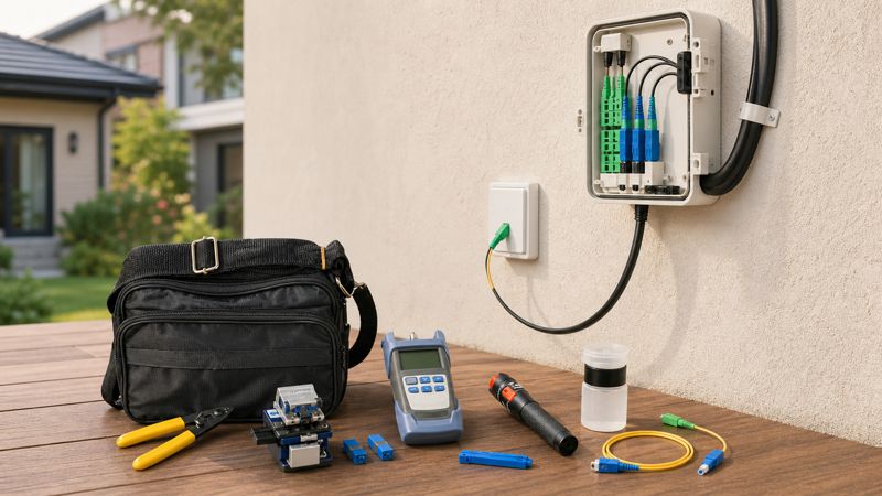 FTTH subscriber drop installation from outdoor box to indoor socket
