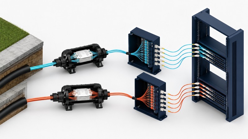 PoP topology from OSP fiber closure and ODF to carrier rack
